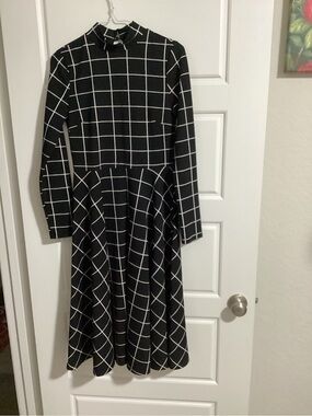 Black Windowpane Long-Sleeve Fit & Flare Dress